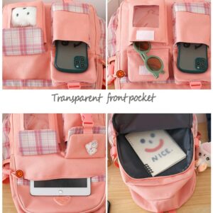 HCOOLE Kawaii Backpack 5Pcs Set with cute plush Pendants & Badge,19 gallon High capacity School Bag Cute Aesthetic Backpack