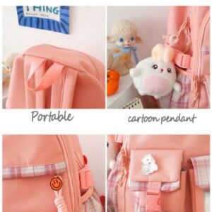 HCOOLE Kawaii Backpack 5Pcs Set with cute plush Pendants & Badge,19 gallon High capacity School Bag Cute Aesthetic Backpack