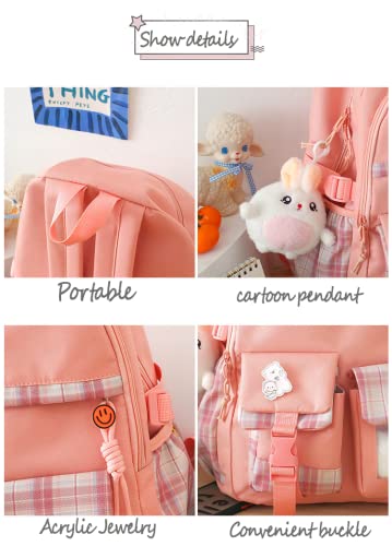 HCOOLE Kawaii Backpack 5Pcs Set with cute plush Pendants & Badge,19 gallon High capacity School Bag Cute Aesthetic Backpack