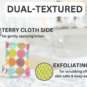 Premium Exfoliating Pad, Scrub, Body Scrubber, Dual-Sided with African Net/Cotton Flannel and Terry Cloth – Bath Shower Sponge-Gets You Clean, Not Just applying Soap – 24 Random Designs (2-Pack)