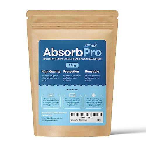 Absorb Pro - 100g (1-pack) Rechargeable Desiccant Pouch - Moisture Absorbing Bag - Dehumidifier for Bins, Totes, Safes, Cars, and Boats - Made from Silica Gel