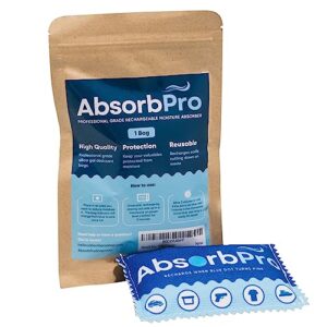 absorb pro - 100g (1-pack) rechargeable desiccant pouch - moisture absorbing bag - dehumidifier for bins, totes, safes, cars, and boats - made from silica gel