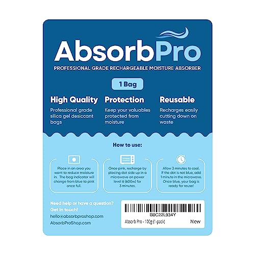 Absorb Pro - 100g (1-pack) Rechargeable Desiccant Pouch - Moisture Absorbing Bag - Dehumidifier for Bins, Totes, Safes, Cars, and Boats - Made from Silica Gel