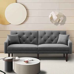 dnyn convertible sleeper futon sofa with 2 pillows, velvet tufted couch w/metal legs and adjustable backrest, for apartment office small space living room furniture, gray