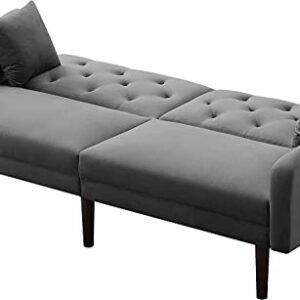 DNYN Convertible Sleeper Futon Sofa with 2 Pillows, Velvet Tufted Couch w/Metal Legs and Adjustable Backrest, for Apartment Office Small Space Living Room Furniture, Gray