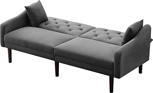 DNYN Convertible Sleeper Futon Sofa with 2 Pillows, Velvet Tufted Couch w/Metal Legs and Adjustable Backrest, for Apartment Office Small Space Living Room Furniture, Gray