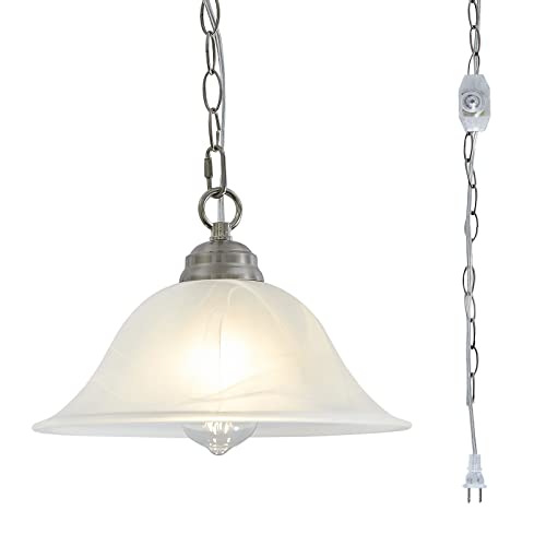 SHENGQINGTOP Plug in Pendant Light Alabaster Glass Shade Hanging Lamp with On/Off Switch,16.4Ft Cord & 14.7Ft Chain Dimmable Brushed Nickel Swag Light Fixture for Kitchen Sink Bar Nook Farmhouse