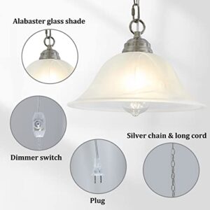 SHENGQINGTOP Plug in Pendant Light Alabaster Glass Shade Hanging Lamp with On/Off Switch,16.4Ft Cord & 14.7Ft Chain Dimmable Brushed Nickel Swag Light Fixture for Kitchen Sink Bar Nook Farmhouse