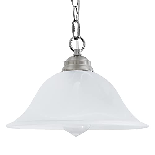 SHENGQINGTOP Plug in Pendant Light Alabaster Glass Shade Hanging Lamp with On/Off Switch,16.4Ft Cord & 14.7Ft Chain Dimmable Brushed Nickel Swag Light Fixture for Kitchen Sink Bar Nook Farmhouse