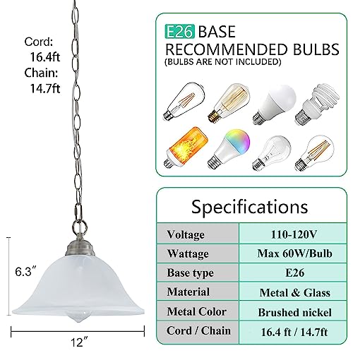 SHENGQINGTOP Plug in Pendant Light Alabaster Glass Shade Hanging Lamp with On/Off Switch,16.4Ft Cord & 14.7Ft Chain Dimmable Brushed Nickel Swag Light Fixture for Kitchen Sink Bar Nook Farmhouse