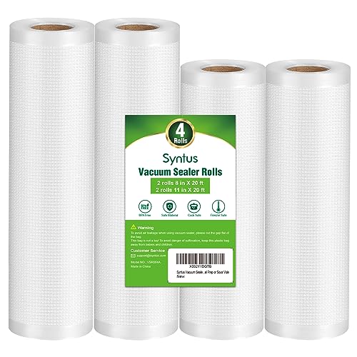 Syntus Vacuum Sealer Bags, 4 Pack 2 Roll 11" x 20' and 2 Roll 8" x 20' Commercial Grade Bag Rolls, Food Vac Bags for Storage, Meal Prep or Sous Vide