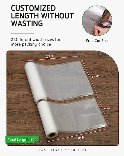 Syntus Vacuum Sealer Bags, 4 Pack 2 Roll 11" x 20' and 2 Roll 8" x 20' Commercial Grade Bag Rolls, Food Vac Bags for Storage, Meal Prep or Sous Vide