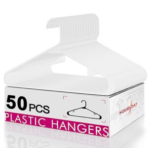 house day white plastic hangers 50 pack, plastic clothes hangers with hooks, space saving plastic coat hangers for closet, clothing hangers adult hangers for shirts, coats, skirt, dress