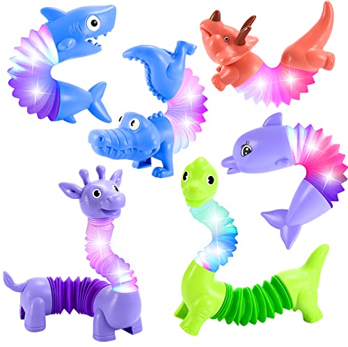 Animals Fidget Toys for Toddlers: 6 Pack LED Animal Pop Tubes for Kids 2 3 4 5 6 Year Old Girls Boys Gifts New Autism Sensory Toy for Toddler Age 3-5 Tube Set Light Up Party Favors Girl Boy Gift