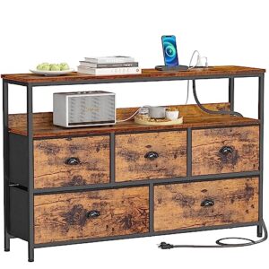 furologee console sofa table with power outlet, long 45" dresser tv stand with 5 drawers, entryway table with shelves, entertainment center for 55'' tv, bedroom, living room, hallway, rustic brown
