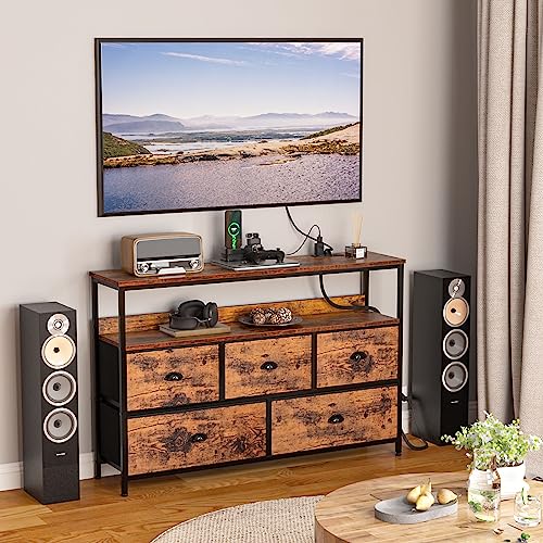 Furologee Console Sofa Table with Power Outlet, Long 45" Dresser TV Stand with 5 Drawers, Entryway Table with Shelves, Entertainment Center for 55'' TV, Bedroom, Living Room, Hallway, Rustic Brown