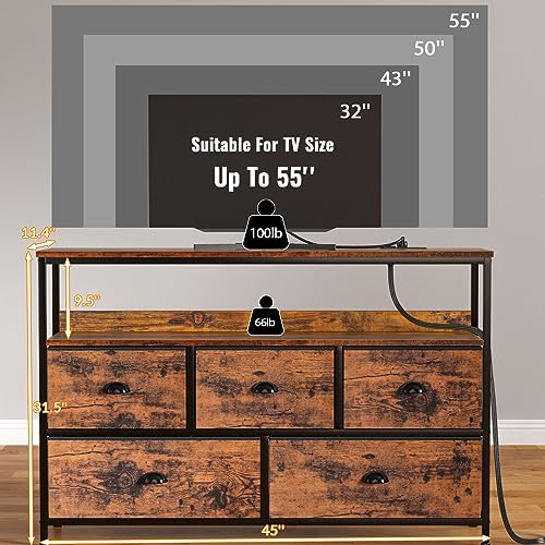 Furologee Console Sofa Table with Power Outlet, Long 45" Dresser TV Stand with 5 Drawers, Entryway Table with Shelves, Entertainment Center for 55'' TV, Bedroom, Living Room, Hallway, Rustic Brown