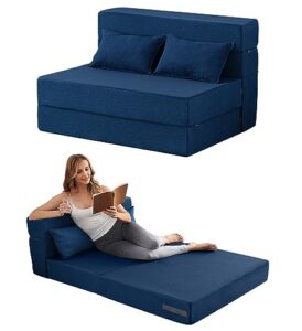 filuxe convertible folding sofa bed - sleeper chair with pillow, modern linen fabric floor & futon couch, foldable mattress for living room/dorm/guest/home office/apartment,standard size, navy blue