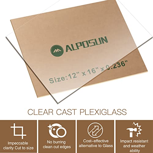 Acrylic Sheets 1/4 inch Thick 12” x 16”, ALPOSUN 2 Pack 6mm Plexiglass Sheets, Glass Alternative for DIY Display Projects, Signs, Display Cases, Shelves, Showpieces, Easy to Cut
