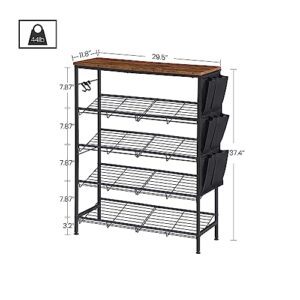 Hzuaneri 5 Tier Shoe Rack, Free Standing Shoe Storage for Entryway, Adjustable Shoe Organizer Shelves with 1 Side Pocket and 2 Hooks, Steel, Industrial, Rustic Brown and Black SR04101B