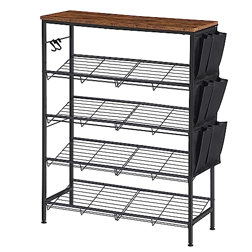 Hzuaneri 5 Tier Shoe Rack, Free Standing Shoe Storage for Entryway, Adjustable Shoe Organizer Shelves with 1 Side Pocket and 2 Hooks, Steel, Industrial, Rustic Brown and Black SR04101B