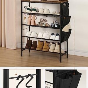 Hzuaneri 5 Tier Shoe Rack, Free Standing Shoe Storage for Entryway, Adjustable Shoe Organizer Shelves with 1 Side Pocket and 2 Hooks, Steel, Industrial, Rustic Brown and Black SR04101B