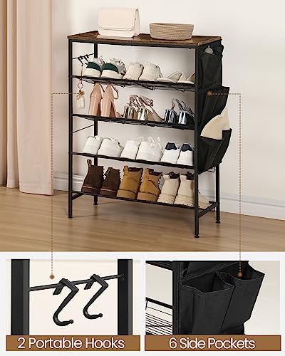 Hzuaneri 5 Tier Shoe Rack, Free Standing Shoe Storage for Entryway, Adjustable Shoe Organizer Shelves with 1 Side Pocket and 2 Hooks, Steel, Industrial, Rustic Brown and Black SR04101B