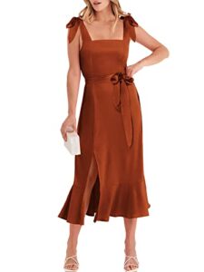 anrabess women's satin formal dress square neck ruffle split midi bridesmaid dress for wedding guest cocktail party a1008jiaotang-m caramel