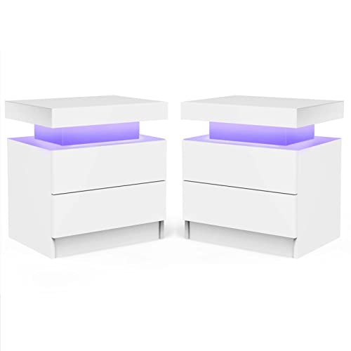 DobleCliCli LED Nightstand Set of 2, Modern End Side Table with 2 Drawers, 20.5" Tall LED Storage Cabinet, Bedside Furniture for Bedroom, Living Room, Salon and Office, White