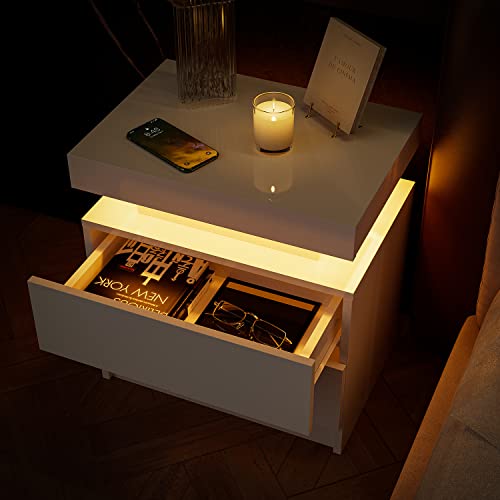 DobleCliCli LED Nightstand Set of 2, Modern End Side Table with 2 Drawers, 20.5" Tall LED Storage Cabinet, Bedside Furniture for Bedroom, Living Room, Salon and Office, White