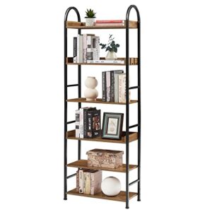 spoway 6 tiers bookshelf, 70.8" tall bookcase with round top, industrial book rack display shelves organizer with metal frame for living room, office, bedroom (wood color)