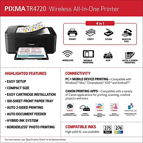 Canon PIXMA TR4720 All-in-One Wireless Color Inkjet Printer, Black - Print Copy Scan Fax - 2-Line LCD Display, 4800 x 1200 dpi, Auto 2-Side Printing, 20-Sheet ADF, DAODYANG Printer_Cable