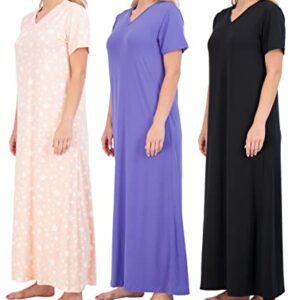 3 Pack: Womens Short Sleeve Maxi Crew V-Neck Nightgown Long Soft Nightshirt Women Night Gowns Nightdress Sleep Lounge House Dress Sleepwear Pajama Tops PJs Sexy Sleeping Ladies PJ Floor - Set 5, XXL