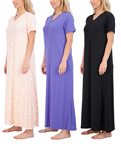 3 Pack: Womens Short Sleeve Maxi Crew V-Neck Nightgown Long Soft Nightshirt Women Night Gowns Nightdress Sleep Lounge House Dress Sleepwear Pajama Tops PJs Sexy Sleeping Ladies PJ Floor - Set 5, XXL