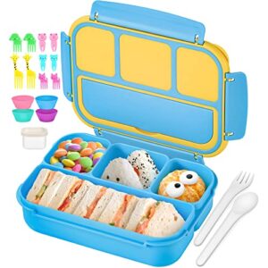 qqko bento lunch box for kids girls boys, toddler kids lunch boxes for school, lunch containers for adults kids with 4 compartments, sauce container, utensils, food picks and muffin cups, blue