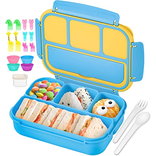 QQKO Bento Lunch Box for Kids Girls Boys, Toddler Kids Lunch Boxes for School, Lunch Containers for Adults Kids with 4 Compartments, Sauce Container, Utensils, Food Picks and Muffin Cups, Blue