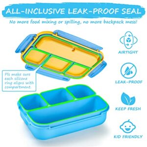 QQKO Bento Lunch Box for Kids Girls Boys, Toddler Kids Lunch Boxes for School, Lunch Containers for Adults Kids with 4 Compartments, Sauce Container, Utensils, Food Picks and Muffin Cups, Blue