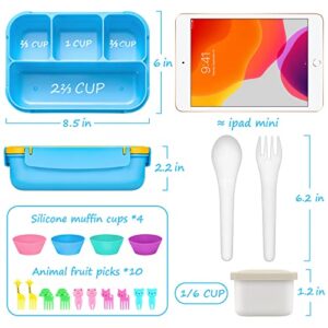 QQKO Bento Lunch Box for Kids Girls Boys, Toddler Kids Lunch Boxes for School, Lunch Containers for Adults Kids with 4 Compartments, Sauce Container, Utensils, Food Picks and Muffin Cups, Blue