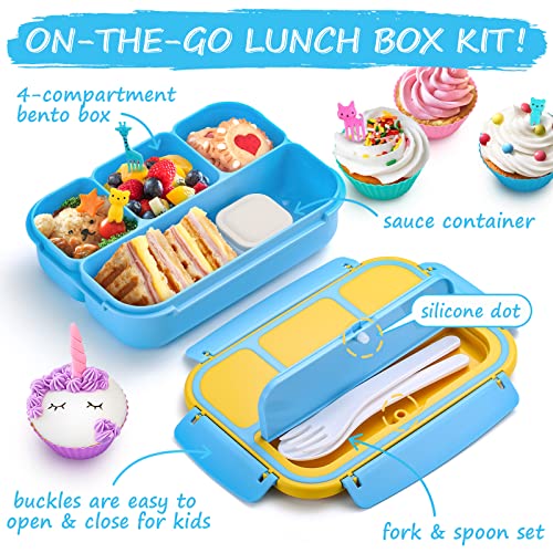 QQKO Bento Lunch Box for Kids Girls Boys, Toddler Kids Lunch Boxes for School, Lunch Containers for Adults Kids with 4 Compartments, Sauce Container, Utensils, Food Picks and Muffin Cups, Blue