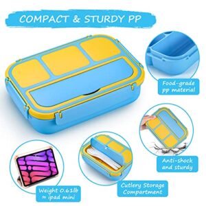 QQKO Bento Lunch Box for Kids Girls Boys, Toddler Kids Lunch Boxes for School, Lunch Containers for Adults Kids with 4 Compartments, Sauce Container, Utensils, Food Picks and Muffin Cups, Blue