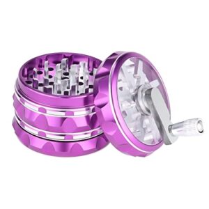 2.5" hand crank aluminium grinder with clear top, purple and silver