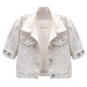 ladyful women's casual cropped denim jacket button front denim jean jacket with puff sleeves