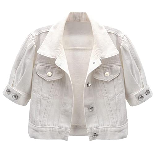 Ladyful Women's Casual Cropped Denim Jacket Button Front Denim Jean Jacket with Puff Sleeves