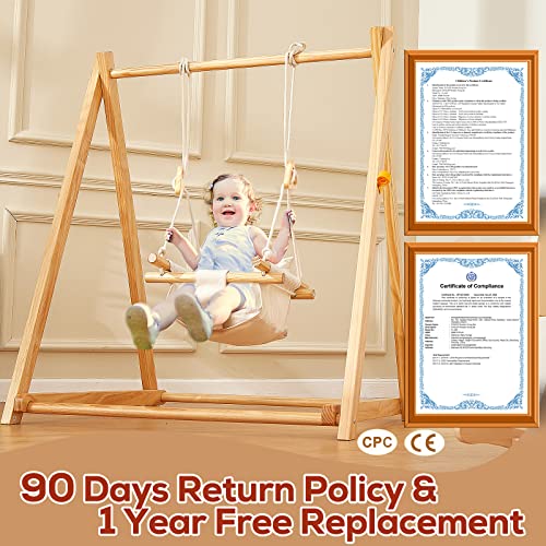 FUNLIO Wooden Toddler Swing Set with 4 Sandbags, Foldable Baby Swing Set with Durable Pine & Velcro, Portable Swing for Toddlers 6-36 Months, Kid Swing for Indoor/Outdoor/Backyard (Upgraded)