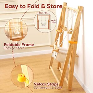 FUNLIO Wooden Toddler Swing Set with 4 Sandbags, Foldable Baby Swing Set with Durable Pine & Velcro, Portable Swing for Toddlers 6-36 Months, Kid Swing for Indoor/Outdoor/Backyard (Upgraded)