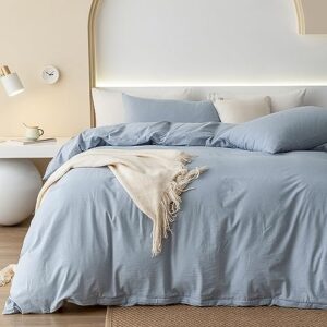 jiyuan 100% washed cotton duvet cover set comfy simple style soft breathable textured durable linen feel bedding for all seasons full/double size,solid light blue