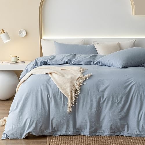 JIYUAN 100% Washed Cotton Duvet Cover Set Comfy Simple Style Soft Breathable Textured Durable Linen Feel Bedding for All Seasons Full/Double Size,Solid Light Blue