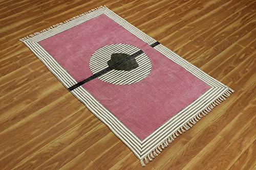 Casavani Indian Handmade Pink, Black Solid Area Rug Boho Kilim Flat Weave Indoor Hall Room Decor Carpet Throw Rug Boho Rugs for Bedroom Living Room Bathroom Balcony 2.6x8 Feet Runner