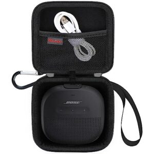 elonbo carrying case for bose soundlink micro bluetooth speaker, small portable waterproof speaker travel protective bag storage cover, mesh pocket fits included micro-usb cable. black
