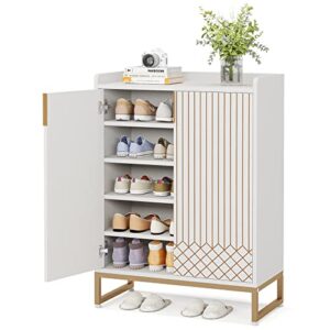 Tribesigns White Shoe Cabinet, 25 Pair Shoe Cabinets with Doors, 5-Tier Modern Shoe Rack Organizer Cabinet, Freestanding Wood Shoe Storage Cabinet with Gold Metal Frame for Bedroom Hallway Living Room